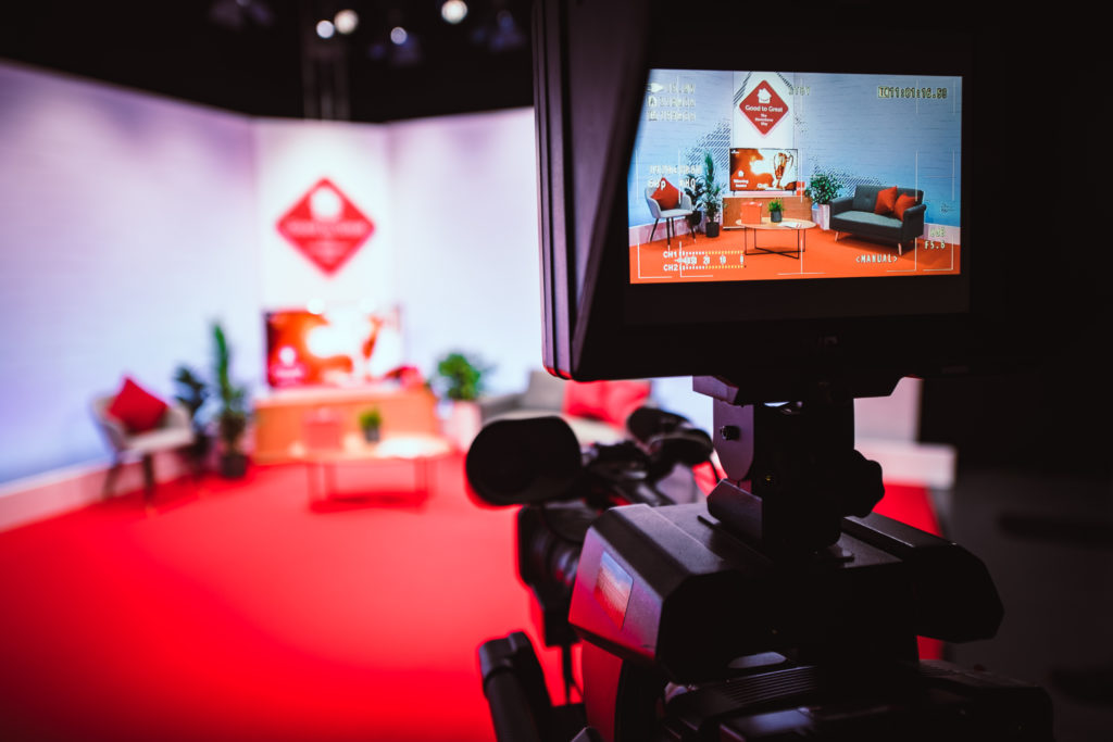 Behind the scenes photograph of custom set at global leaders conference